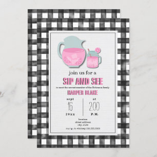 Gingham roze limonade Sip & See Baby Invitation Kaart