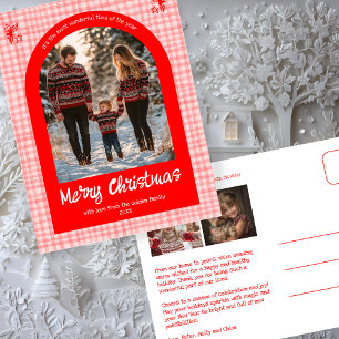 Gingham Roze Rode Kerst Custom Arch 3 Foto Feestdagenkaart