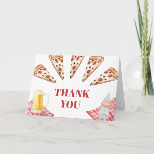 Gingham Rustic Modern Pizza Beers Baby shower Bedankkaart (Voorkant)