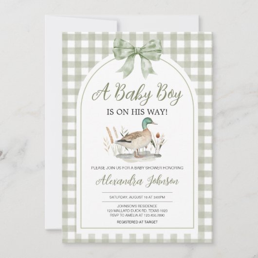 Gingham Sage Green Mallard Duck Baby shower Kaart (Voorkant)