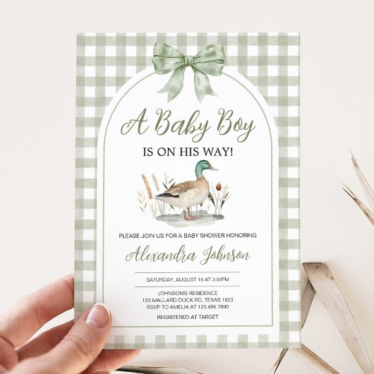 Gingham Sage Green Mallard Duck Baby shower Kaart
