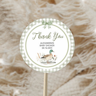 Gingham Sage Green Mallard Duck Baby shower Ronde Sticker