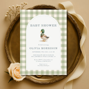Gingham Saliegroen Wilde Eend Strik Baby Shower Kaart