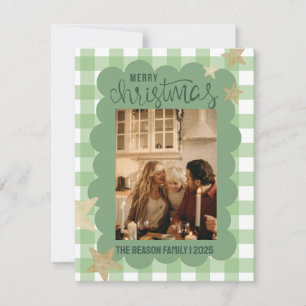 Gingham Scallop Groene Foto Kerstmis Feestdagenkaart