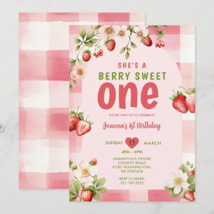 Gingham Strawberry Sweet One Berry 1e verjaardag Kaart