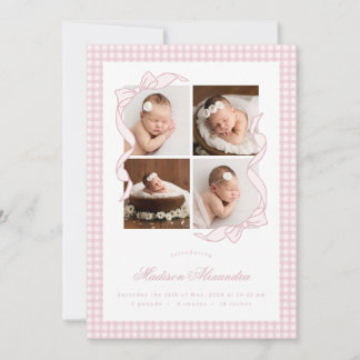 Gingham Strik 4 Frame Foto Geboorteaankondiging Aankondiging