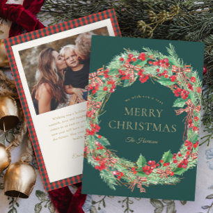 Gingham Strik Kerstdag Krans Foto Kaart