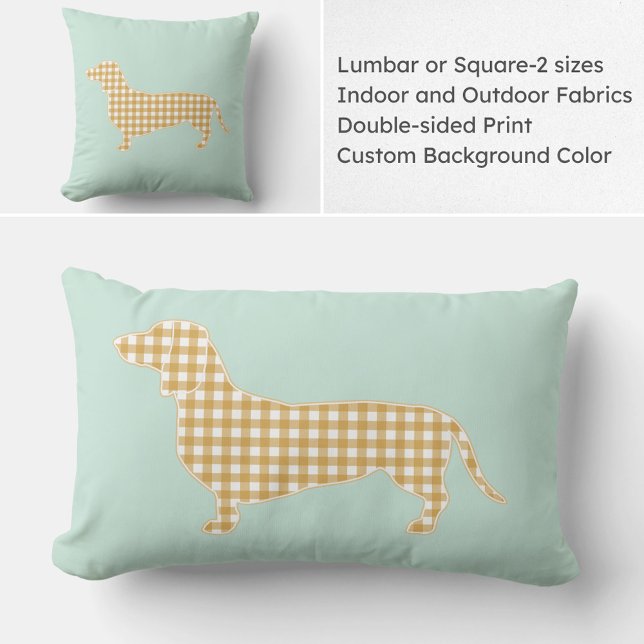 Gingham Tachshund Silhouette Pillow - Mint en Tan Kussen (Gingham Dachshund lumbar or square pillow available in indoor and outdoor fabrics. Custom colors.)