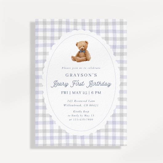 Gingham Teddy Bear Beary First Birthday Invitation