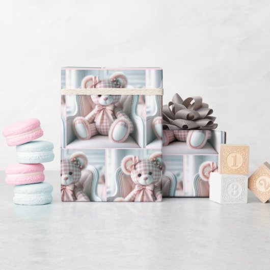 Gingham Teddy Bear op een stoel Cadeaupapier (Baby Shower)