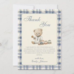 Gingham teddybeer jongen babyshower bedankkaart