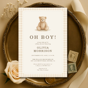 Gingham Teddybeer Oh Jongen Neutrale Baby Shower Kaart