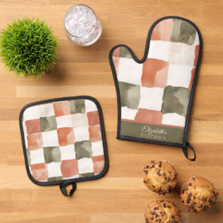 Gingham Terracotta en Groen Ovenwant & Pannenlap Set