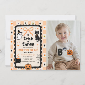 Gingham Trick Or Three Halloween Verjaardag Foto Kaart