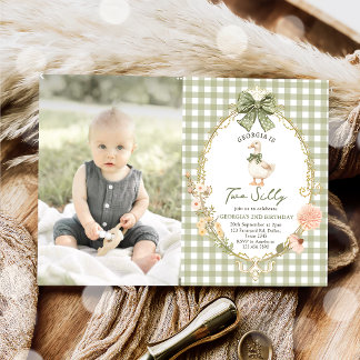 Gingham Two Silly Goose 2nd Birthday Photo Kaart