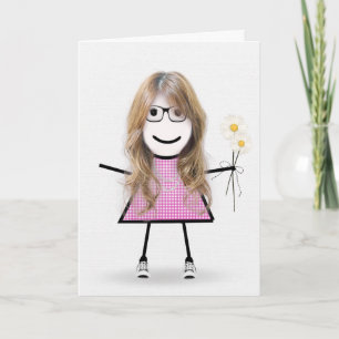 Gingham Verjaardags Stickfiguur Meisje Met Margrie Kaart
