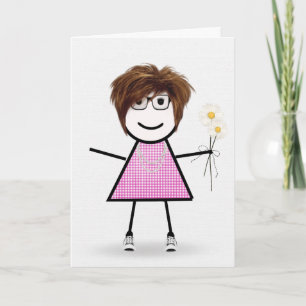 Gingham Verjaardags Stickfiguur Meisje Met Margrie Kaart