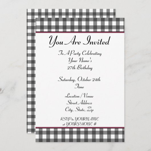 Gingham verjaardagsuitnodiging kaart (Voorkant / Achterkant)