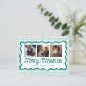Gingham Wavy Green Christmas Custom 3 Foto Feestdagenkaart (Staand voorkant)