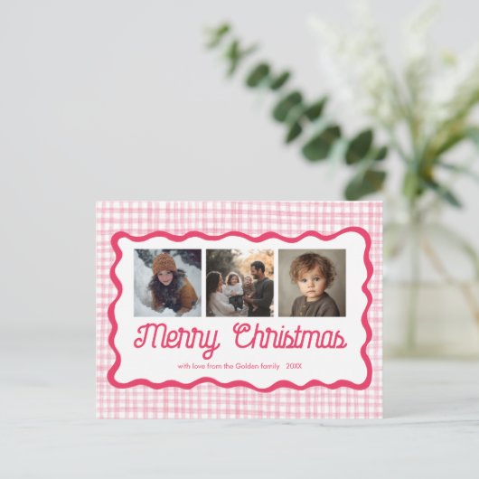 Gingham Wavy Pink Christmas Custom 3 Foto Feestdagenkaart (Staand voorkant)