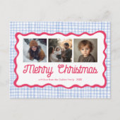 Gingham Wavy Roze Blauw Kerstmis Custom 3 Foto Feestdagenkaart (Voorkant)