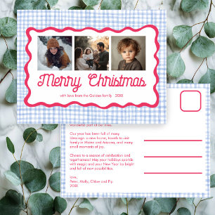 Gingham Wavy Roze Blauw Kerstmis Custom 3 Foto Feestdagenkaart