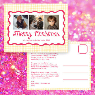 Gingham Wavy Roze Geel Kerst Custom 3 Foto Feestdagenkaart