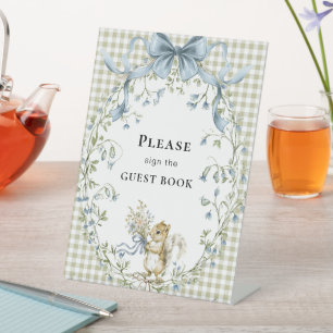 Gingham Woodland Eekhoorn Baby Shower Gastboek Reclamebord Met Voetstuk