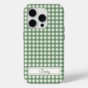 Ginghampatroon in groen met naam iPhone 15 pro case