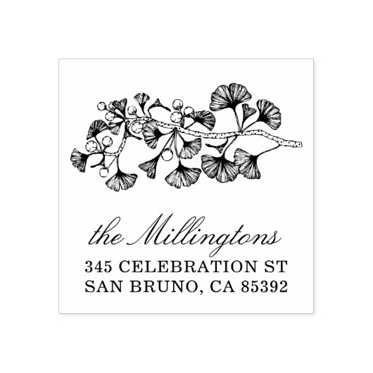 Ginkgo Illustratie Naam Script & Retouradres Rubberstempel (Afrduk)