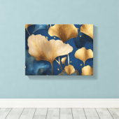 Ginkgo laat goudblauw achter canvas afdruk (Insitu (Houten vloer))