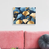 Ginkgo laat goudblauw achter canvas afdruk (Insitu (Woonkamer))
