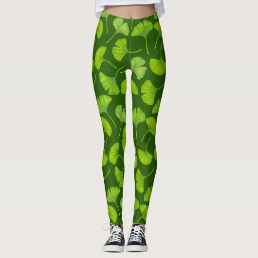 Ginkgo patroon op donkergroen leggings (Voorkant)