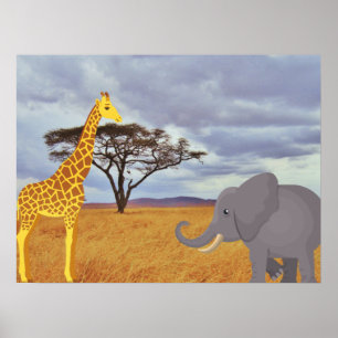 giraf en olifant in de safari poster