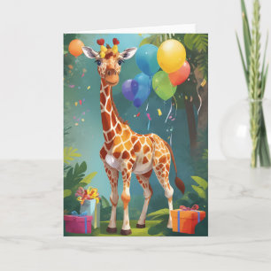 Girafe souriante avec ballons et cadeaux   Carte