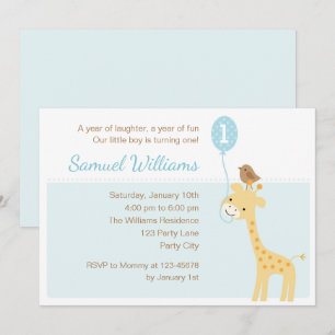 Giraffe 1er Anniversaire Invitations (Boys Balloon
