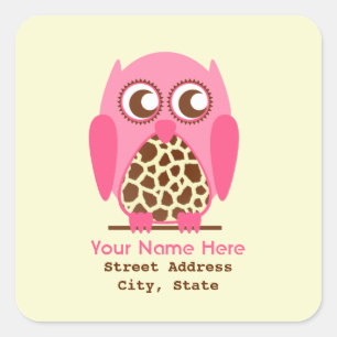 Giraffe Afdrukken en roze Owl Adres sticker