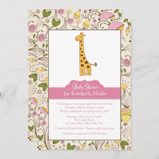 Giraffe afdrukken in roze uitnodiging (Voorkant / Achterkant)