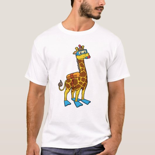 Giraffe als duiker met zwembril en lippers t-shirt (Voorkant)
