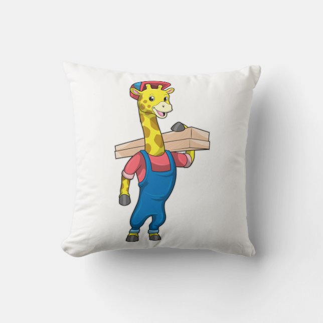 Giraffe als timmerman met hout kussen (Voorkant)