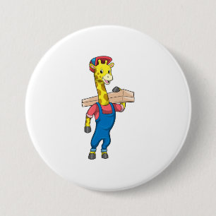 Giraffe als timmerman met hout ronde button 7,6 cm