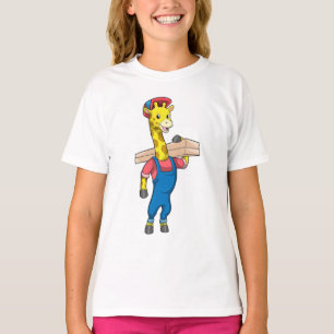 Giraffe als timmerman met hout t-shirt