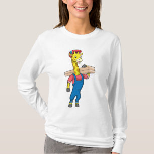 Giraffe als timmerman met hout t-shirt