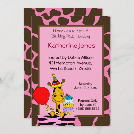 Giraffe Anniversaire Invitations (Devant / Derrière)