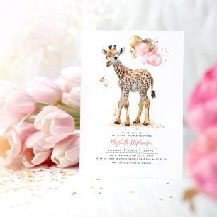 Giraffe Baby Cute Pink Brown Gold Girl Baby shower Kaart