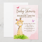 Giraffe Baby Girl Douche Aquarelle Invitation (Devant / Derrière)