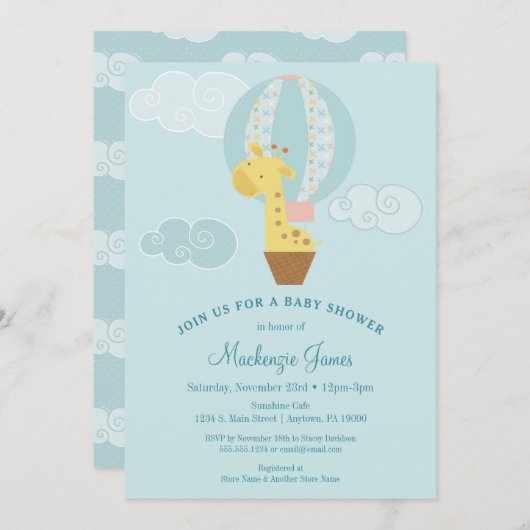 Giraffe Baby shower Invitation Blue Boy Balloon (Devant / Derrière)