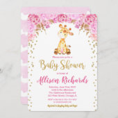 Giraffe baby shower invitation fille or rose (Devant / Derrière)