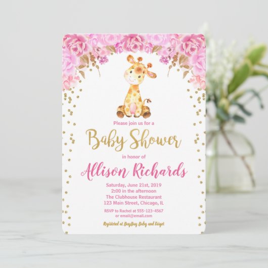 Giraffe baby shower invitation fille or rose (Debout devant)
