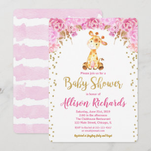 Giraffe baby shower invitation fille or rose